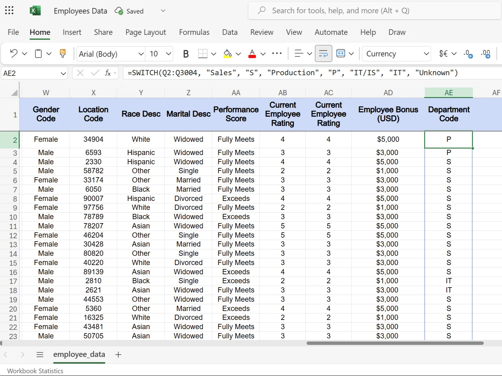 Hàm SWITCH trong Excel chuyển đổi tên phòng ban thành mã viết tắt tương ứng