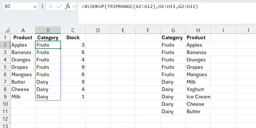 Hàm XLOOKUP đã loại bỏ lỗi #N/A hiệu quả bằng cách kết hợp với hàm TRIMRANGE trong Excel