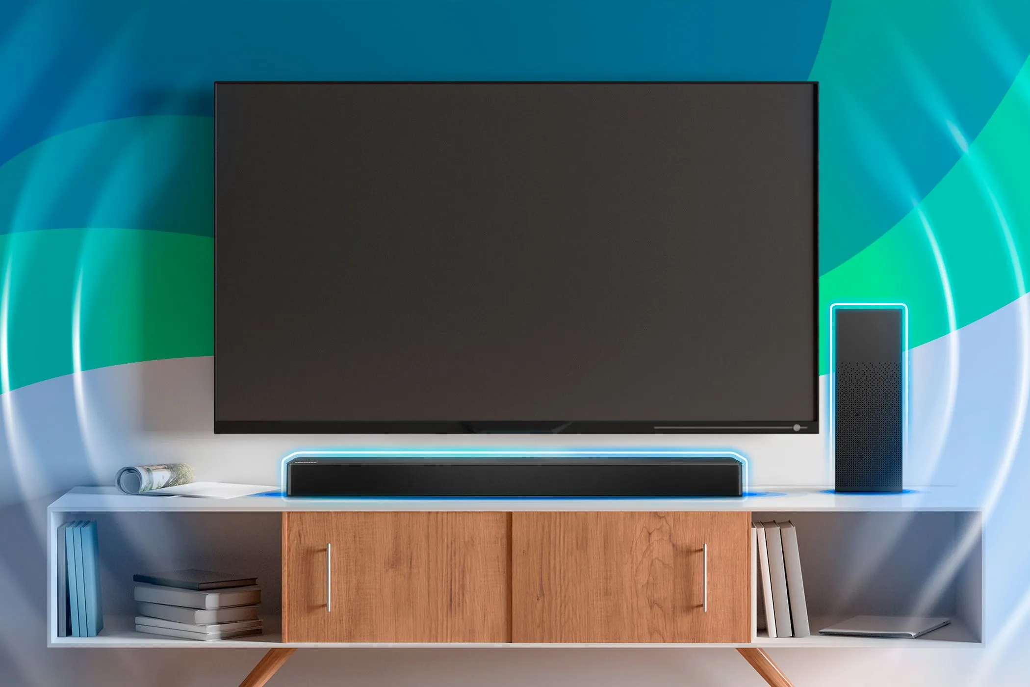 Hệ thống giải trí gia đình với TV treo tường và soundbar đặt trên kệ, minh họa thiết lập phổ biến để tối ưu trải nghiệm âm thanh vòm Bitstream.