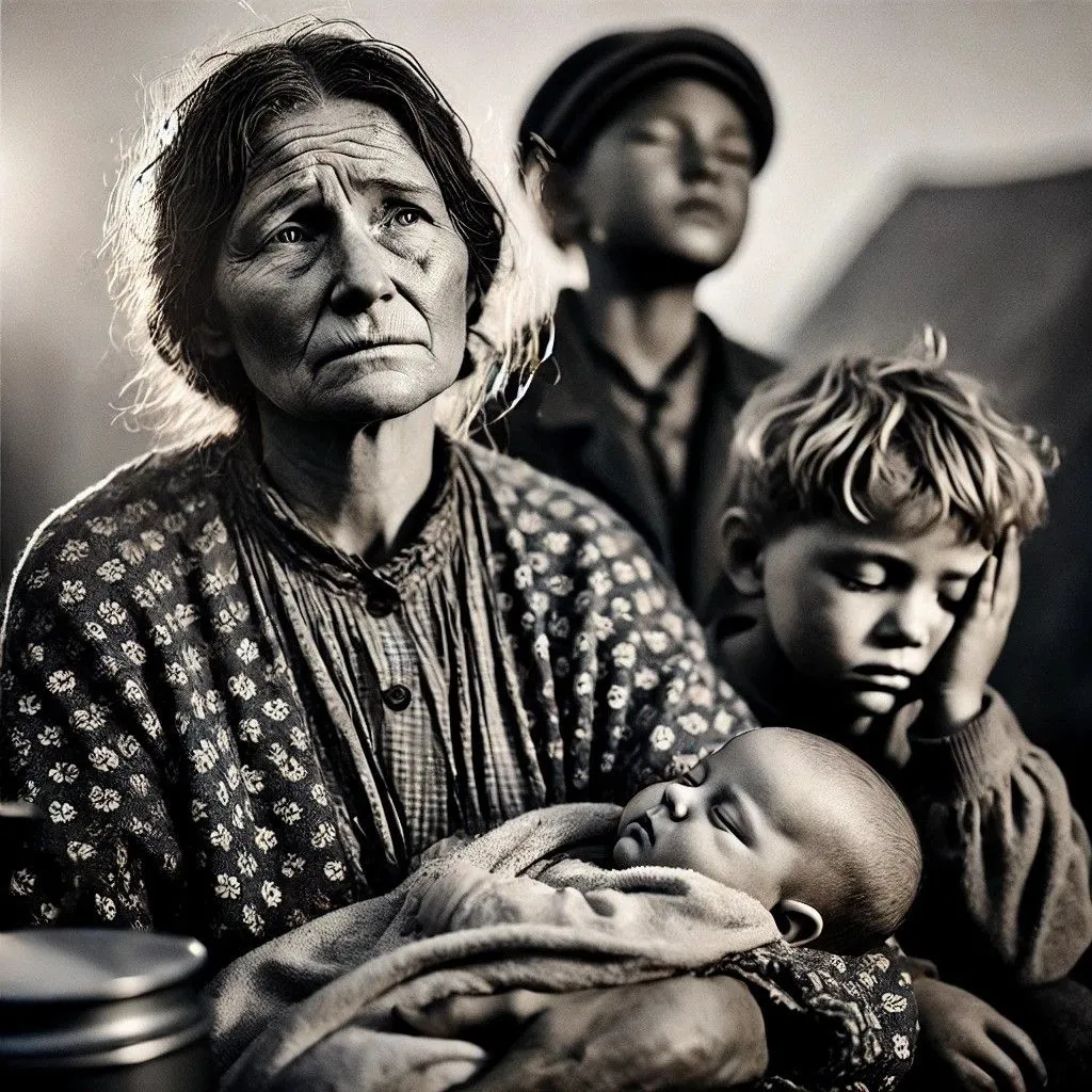Hình ảnh AI được tạo ra dựa trên mô tả của ảnh &quot;Migrant Mother&quot;, với chi tiết không hoàn toàn trùng khớp.