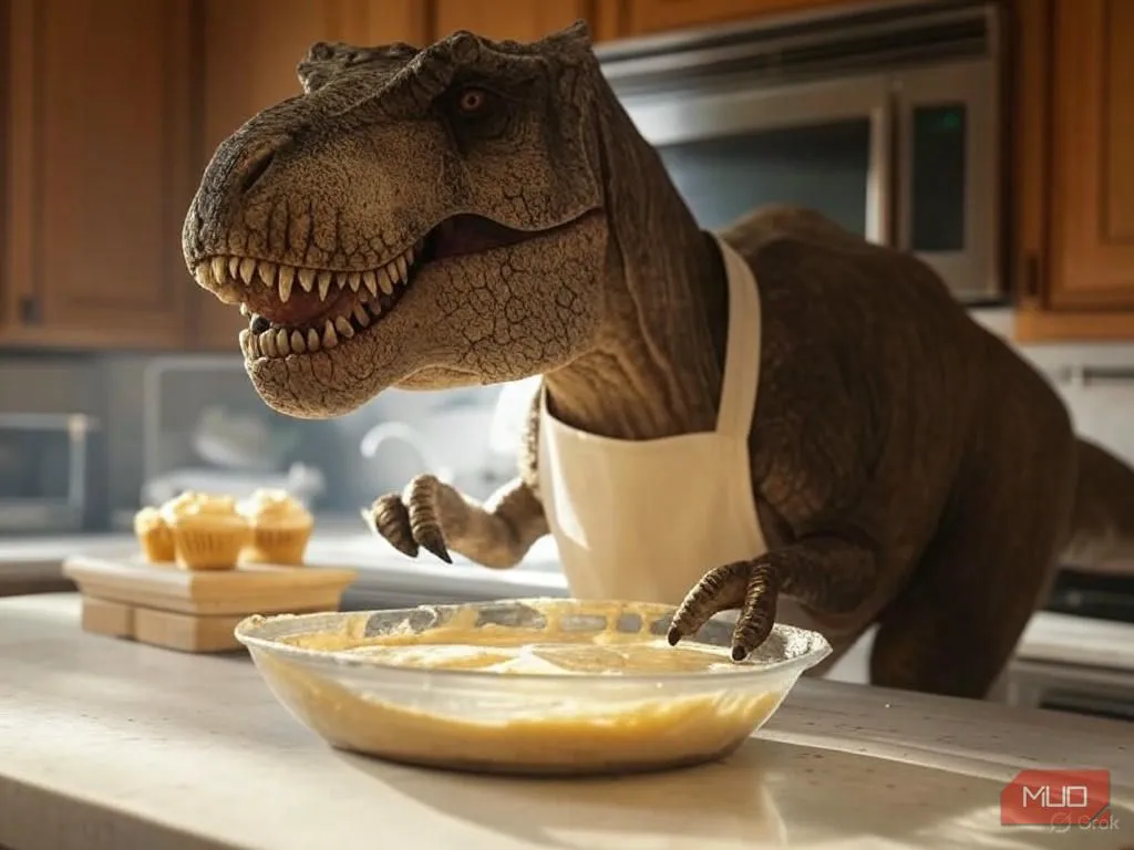Hình ảnh AI tạo khủng long T. rex đang nướng bánh cupcake