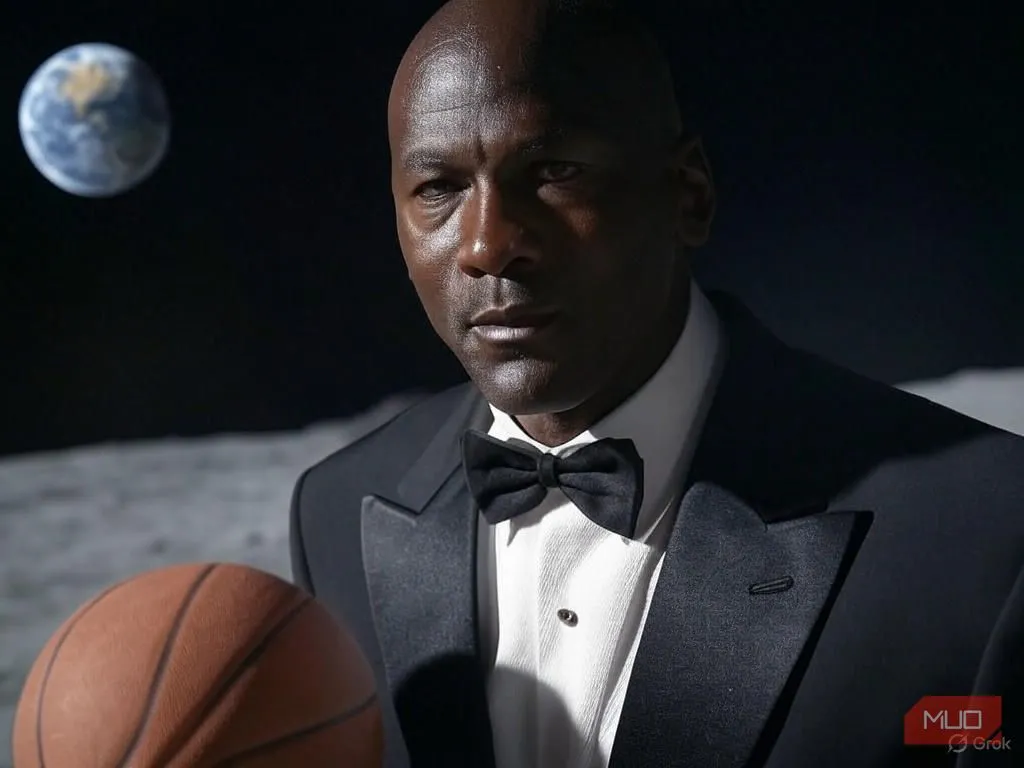 Hình ảnh AI tạo Michael Jordan chơi bóng rổ trên mặt trăng với bộ tuxedo