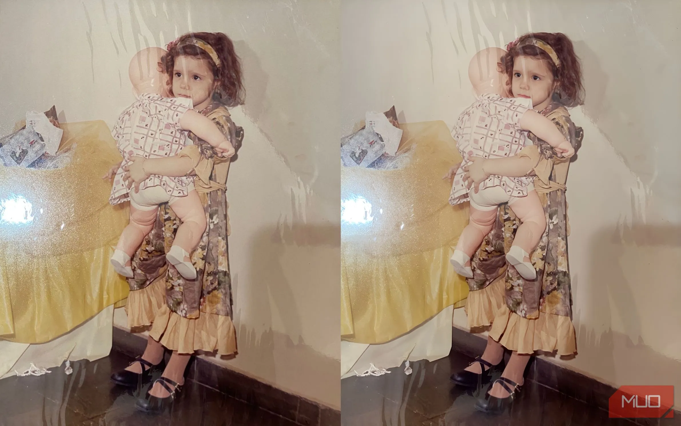 Hình ảnh bé gái và búp bê trước và sau khi AI tăng cường, cho thấy khuôn mặt mịn hơn