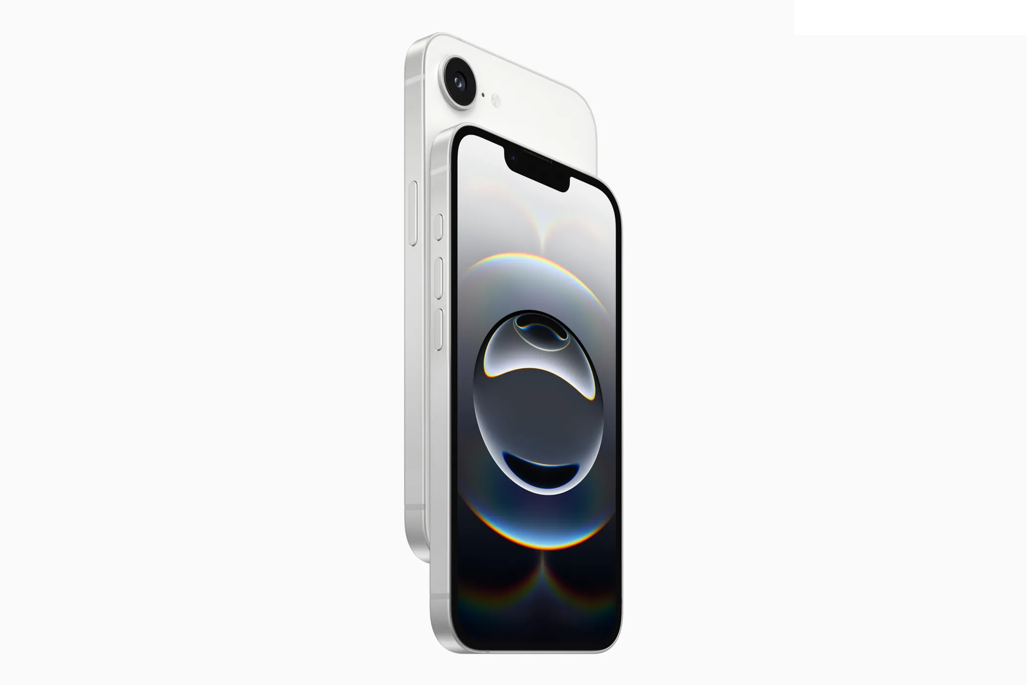 Hình ảnh cận cảnh mặt trước iPhone 16e màu trắng với thiết kế tai thỏ truyền thống