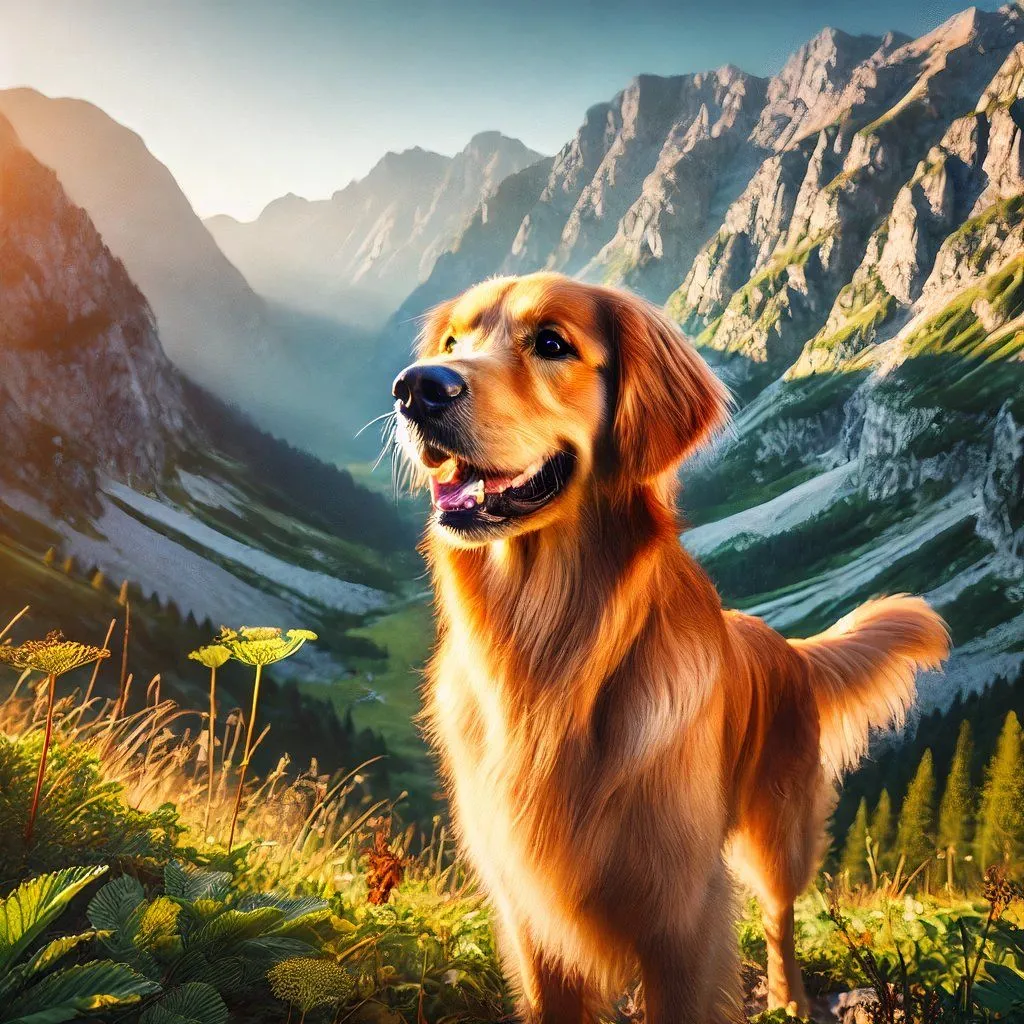 Hình ảnh chó Golden Retriever trên núi được tạo bằng DALL-E, trông thiếu chân thực