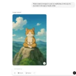 Hình ảnh chú mèo ngồi thiền trên núi tạo bởi ChatGPT theo phong cách Studio Ghibli