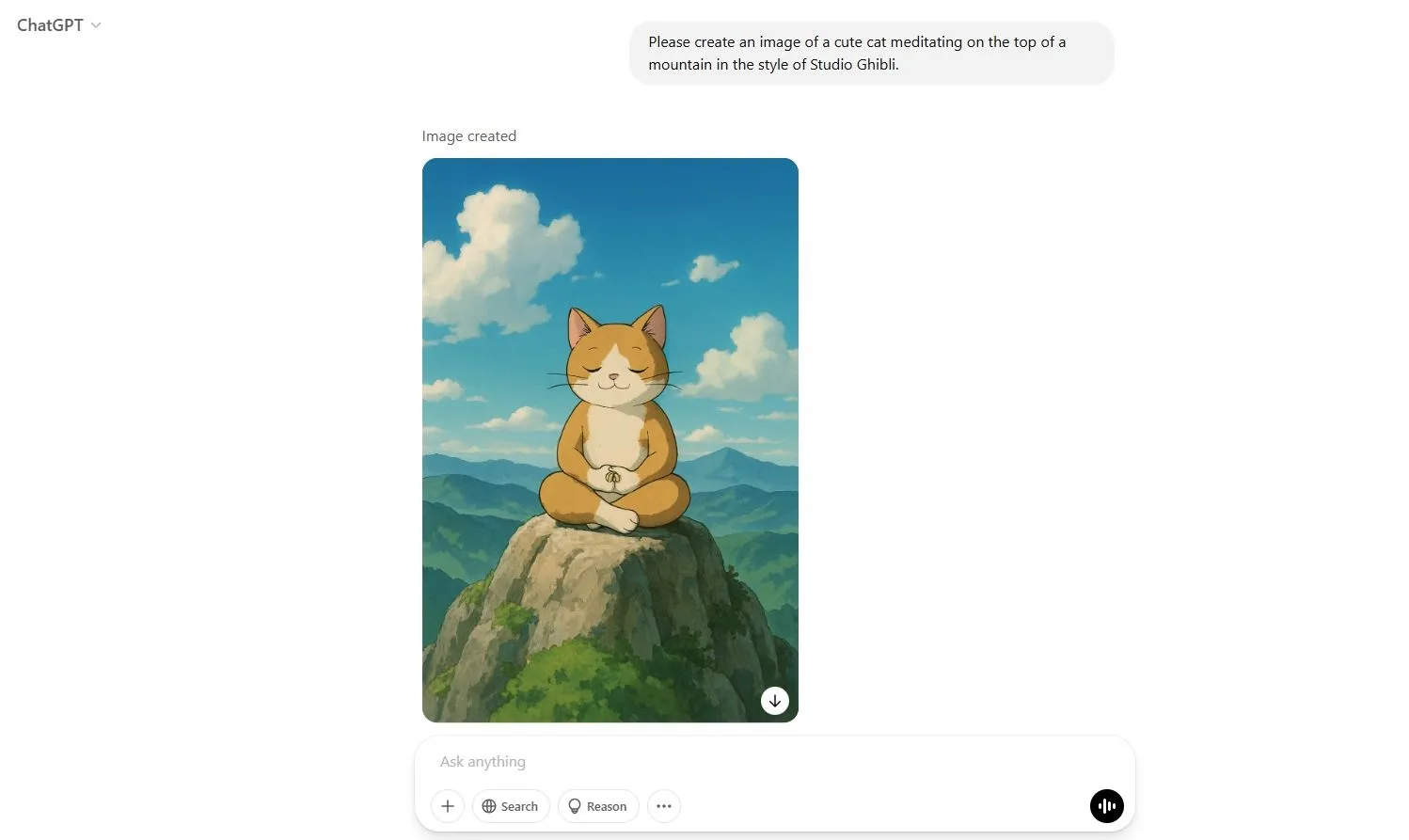 Hình ảnh chú mèo ngồi thiền trên núi tạo bởi ChatGPT theo phong cách Studio Ghibli