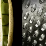 Hình ảnh chụp macro các vật dụng trong bếp bằng iPhone 16, cho thấy chi tiết vỏ đậu Hà Lan và mặt cắt của củ hành tây.