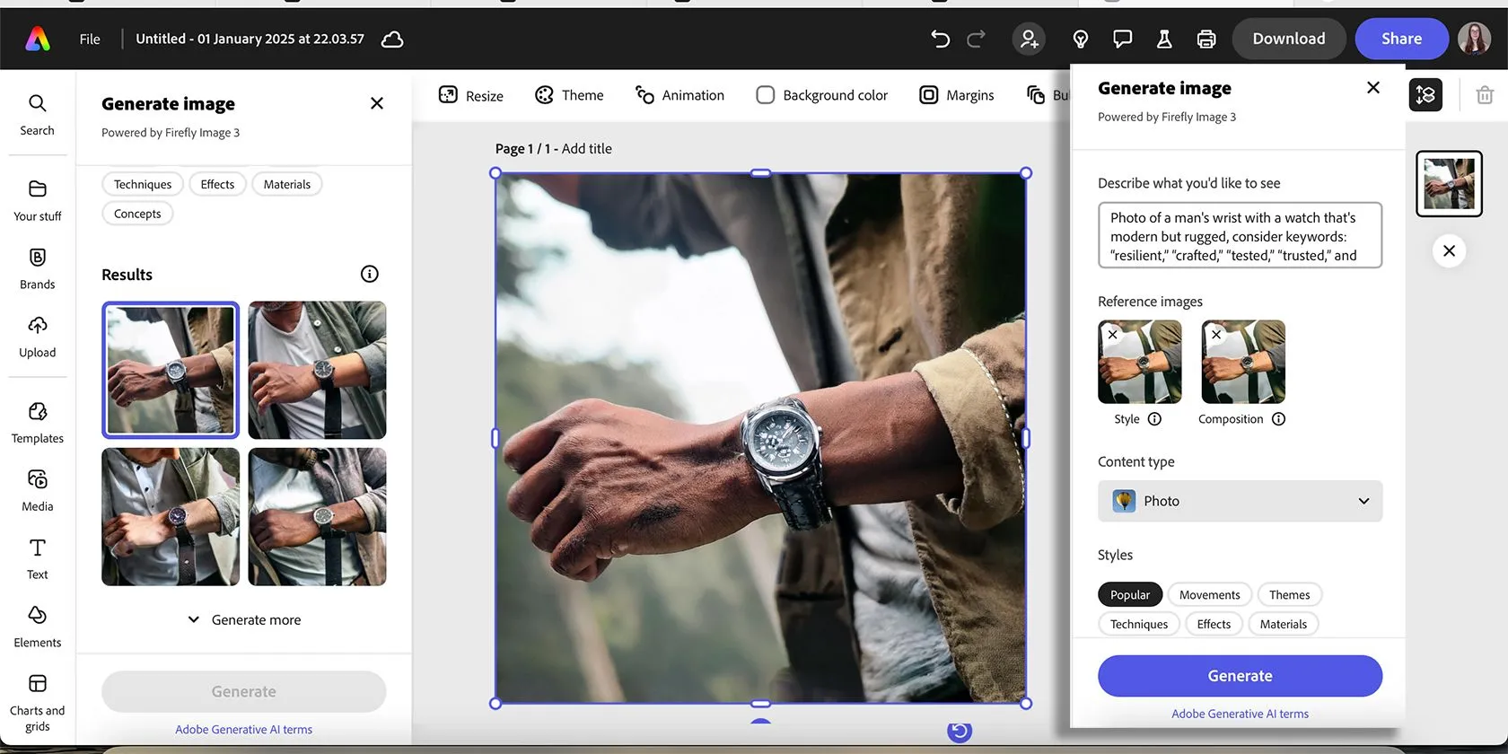 Hình ảnh đồng hồ phong cách sống do Adobe Express AI tạo ra, minh họa lỗi thường gặp với chi tiết cơ thể người