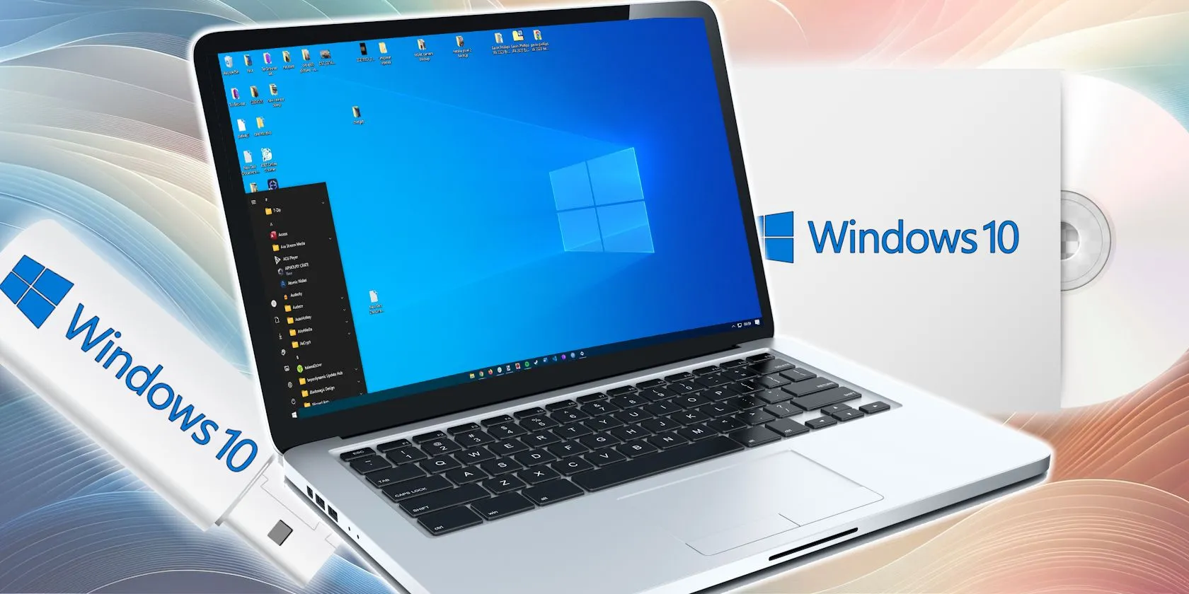Hình ảnh laptop đang chạy Windows 10 cùng đĩa và USB cài đặt hệ điều hành
