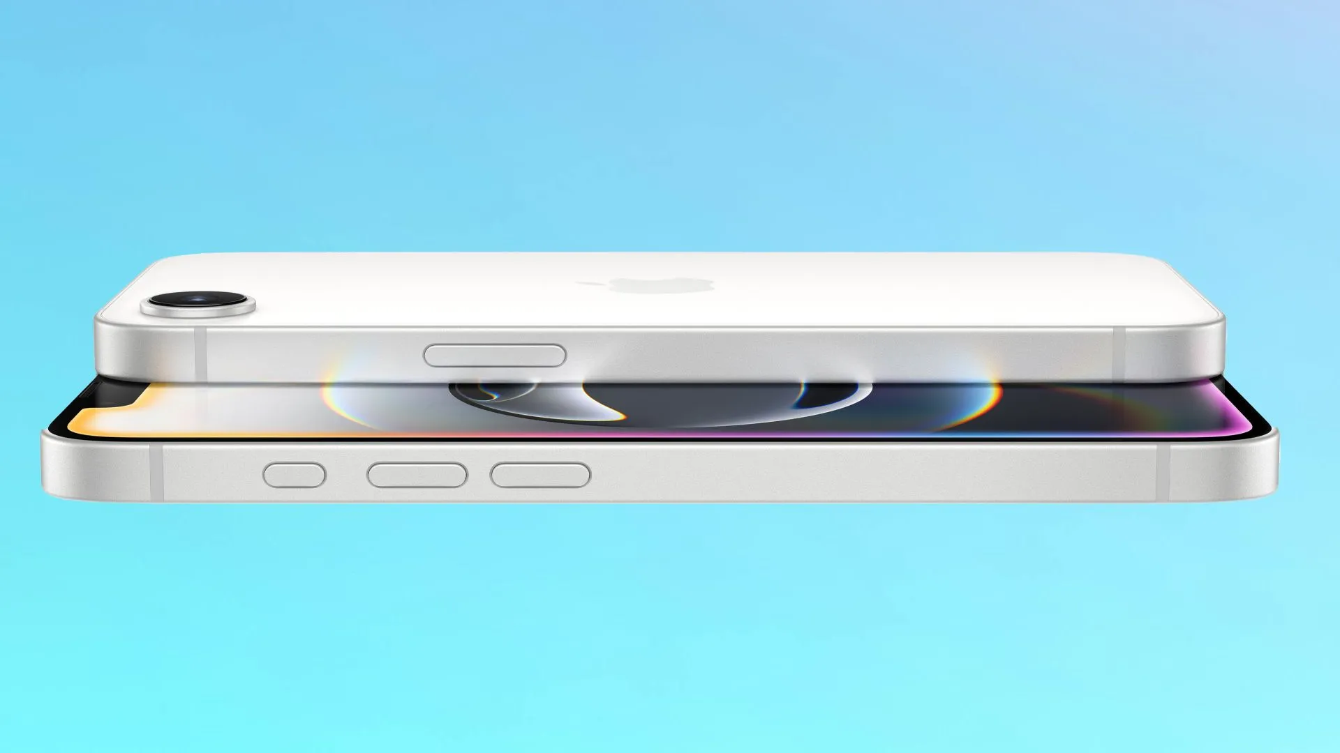 Hình ảnh mặt trước và mặt sau của iPhone 16e màu xanh, minh họa thiết kế và vị trí Nút Tác vụ hỗ trợ Visual Intelligence.