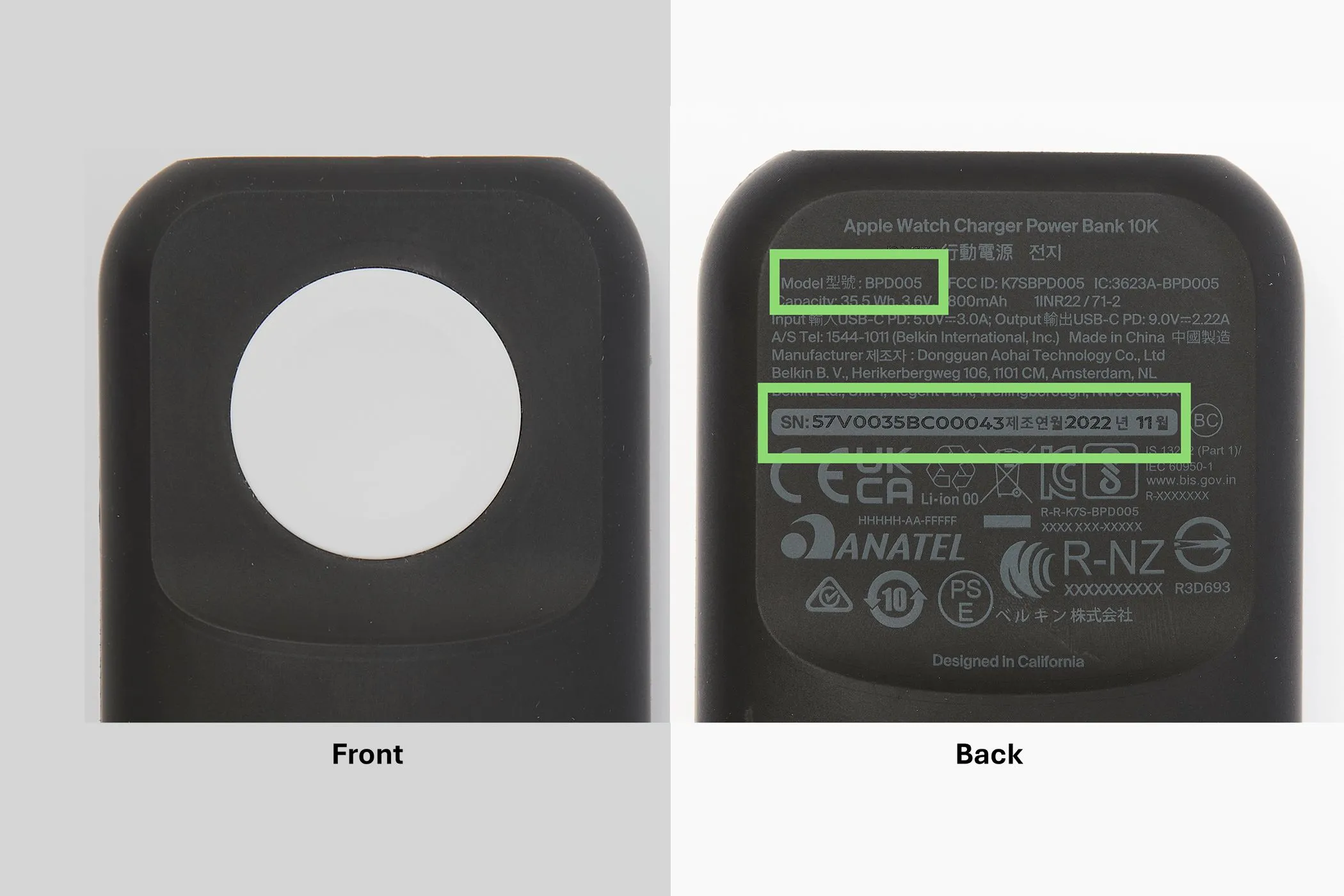 Hình ảnh mặt trước và mặt sau sạc dự phòng Belkin BoostCharge Pro 10K cho Apple Watch, minh họa vị trí kiểm tra số model BPD005 và serial.