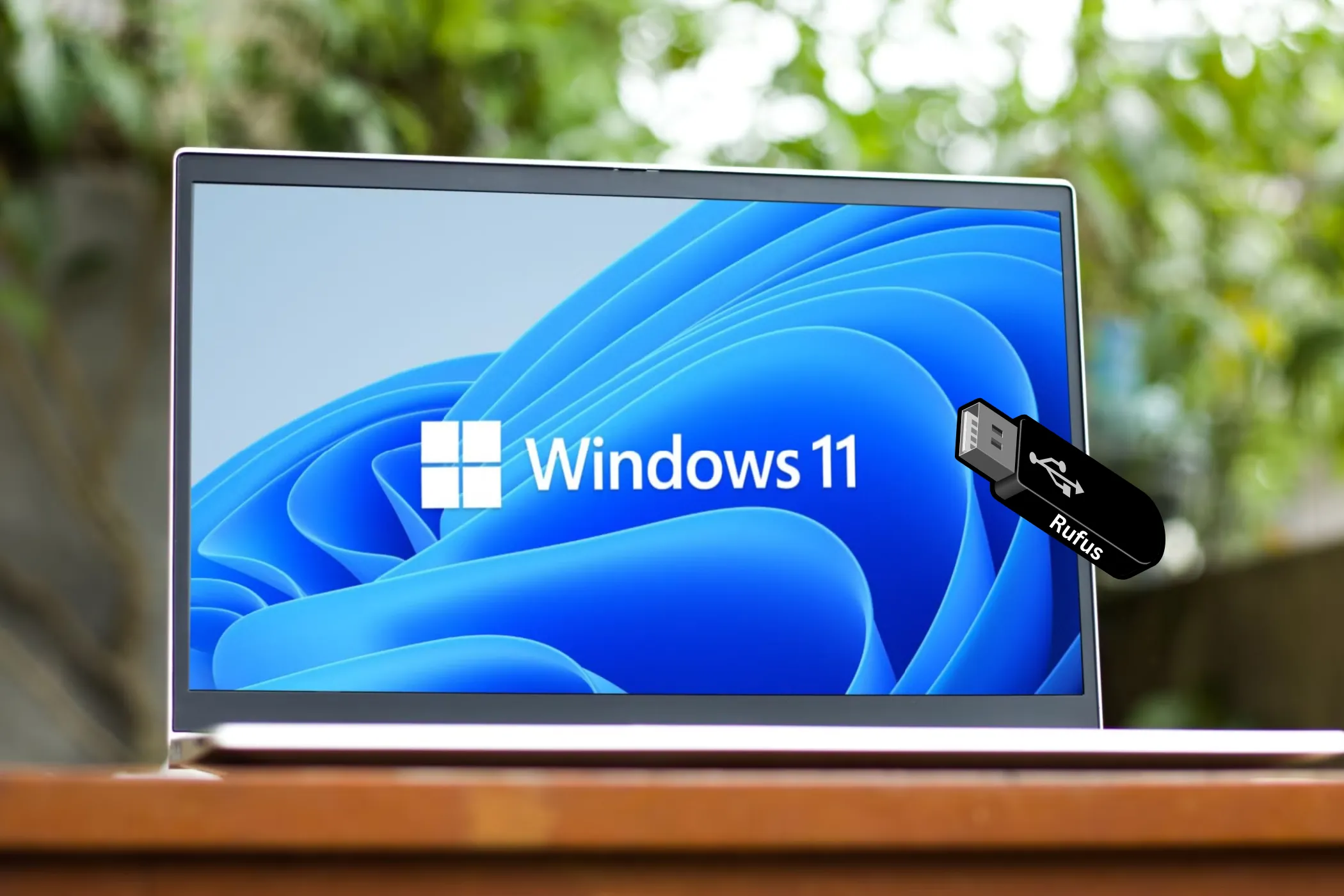 Hình ảnh máy tính xách tay hiển thị logo và hình nền Windows 11 cùng biểu tượng USB có logo Rufus, minh họa quá trình cài đặt Windows 11 lên phần cứng không được hỗ trợ.