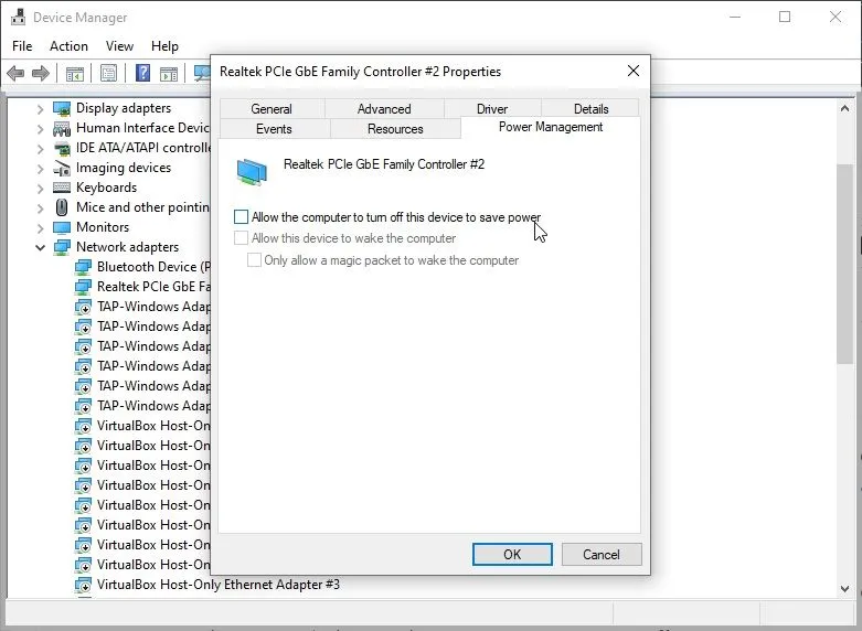 Hình ảnh minh họa các tùy chọn bộ điều hợp mạng trong Device Manager trên Windows 10