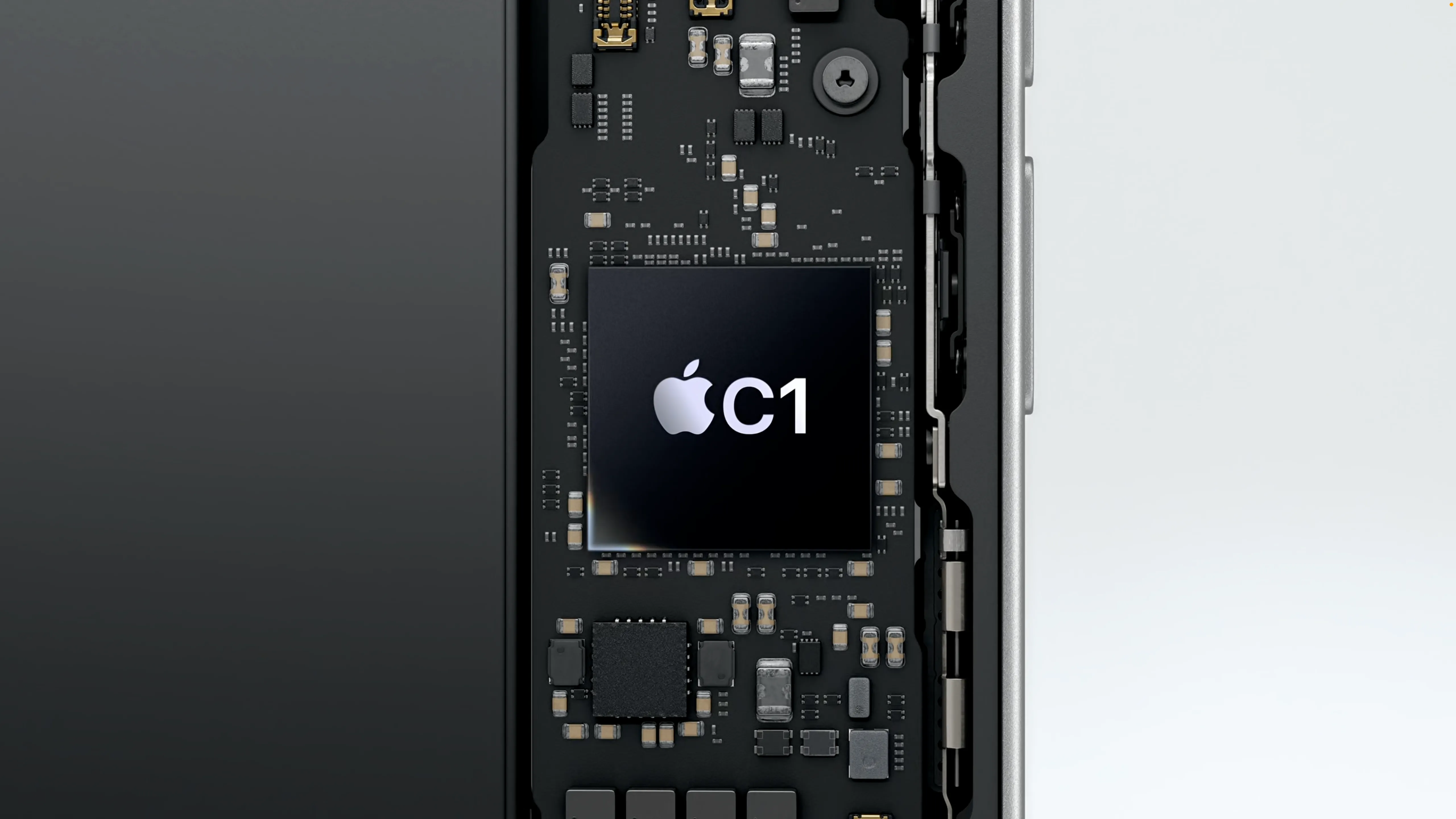 Hình ảnh minh họa chip Apple C1, modem di động đầu tiên do Apple tự phát triển.