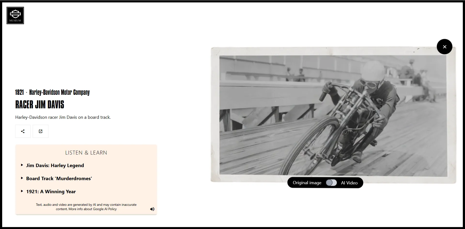 Hình ảnh minh họa dự án Moving Archives của Google Arts & Culture, cho thấy AI Veo biến ảnh tĩnh về xe máy Harley-Davidson thành chuyển động nhẹ nhàng, kết hợp thuyết minh Gemini