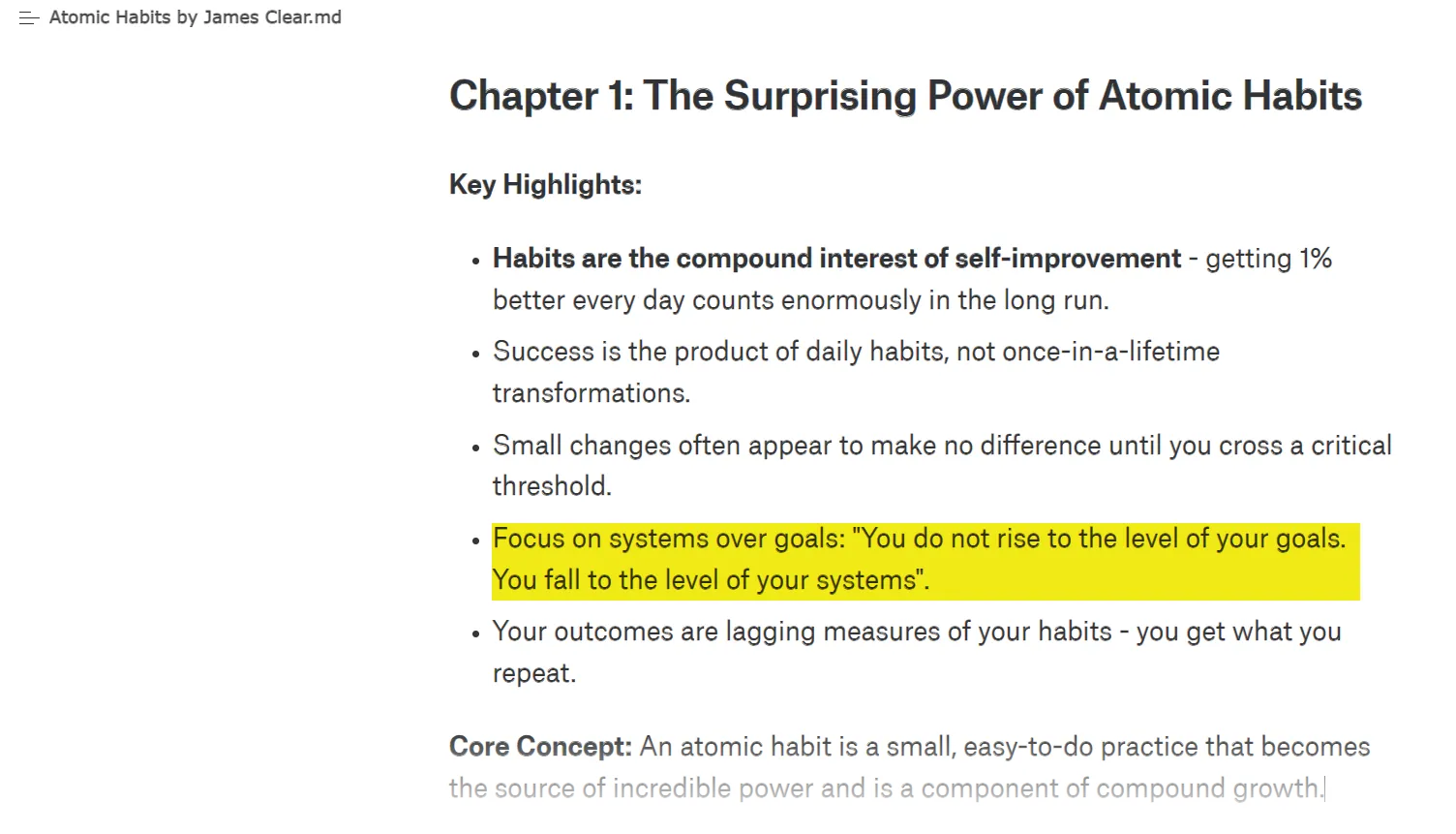 Hình ảnh minh họa ghi chú và điểm nổi bật từ sách Atomic Habits trên màn hình máy tính.