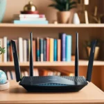Hình ảnh minh họa một bộ định tuyến Wi-Fi với bốn ăng-ten đặt trên bàn trước giá sách
