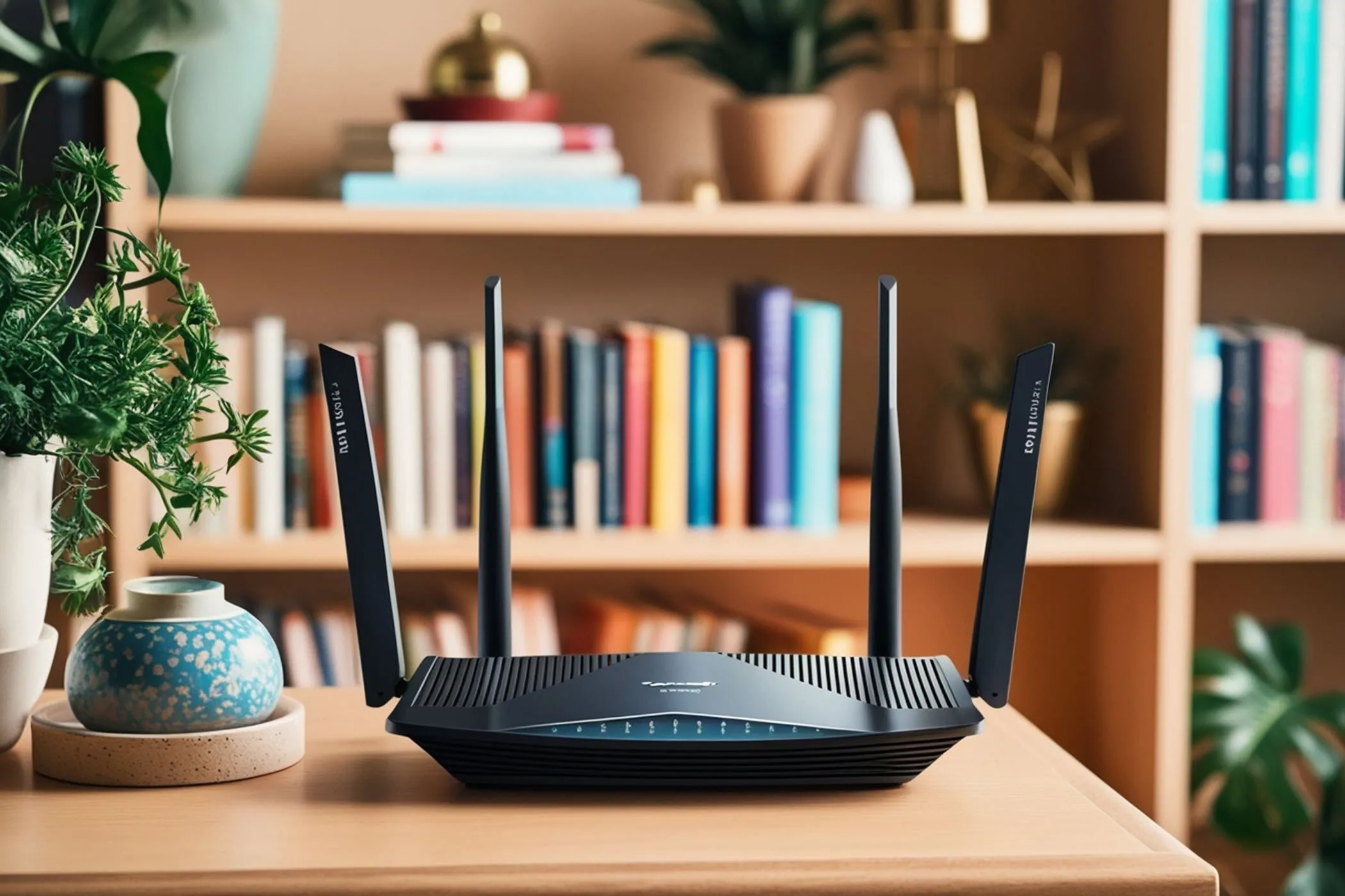 Hình ảnh minh họa một bộ định tuyến Wi-Fi với bốn ăng-ten đặt trên bàn trước giá sách