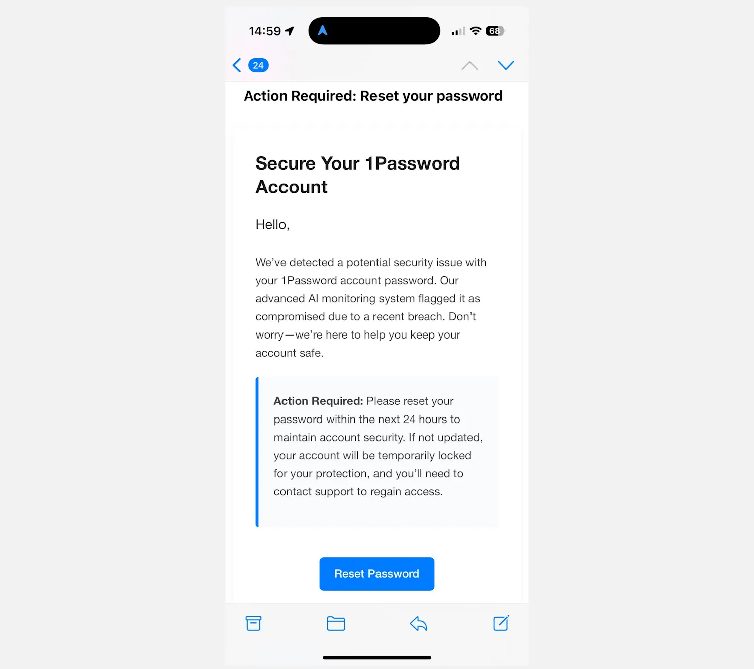 Hình ảnh minh họa một email lừa đảo tinh vi giả mạo 1Password, yêu cầu người dùng đặt lại mật khẩu tổng để xử lý sự cố bảo mật.