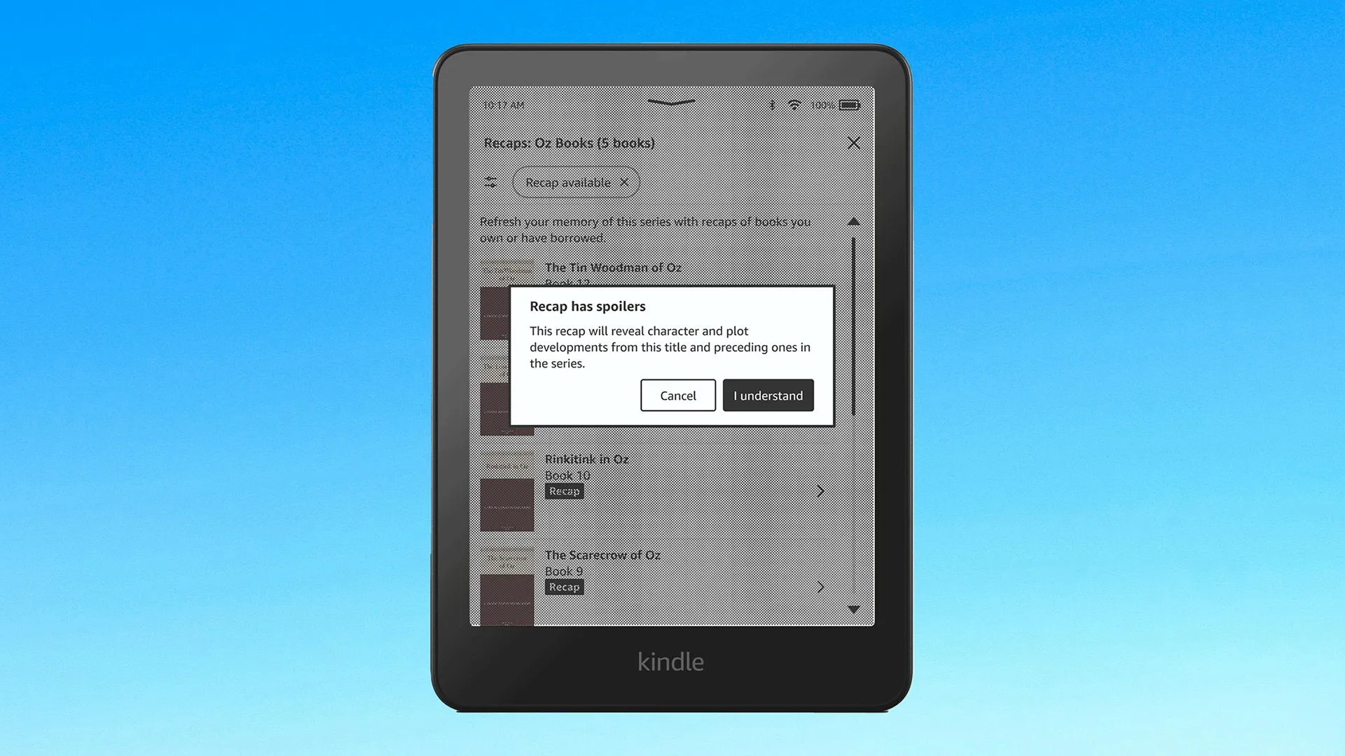 Hình ảnh mô tả tính năng Recaps mới trên Amazon Kindle giúp tóm tắt nội dung sách điện tử trong chuỗi