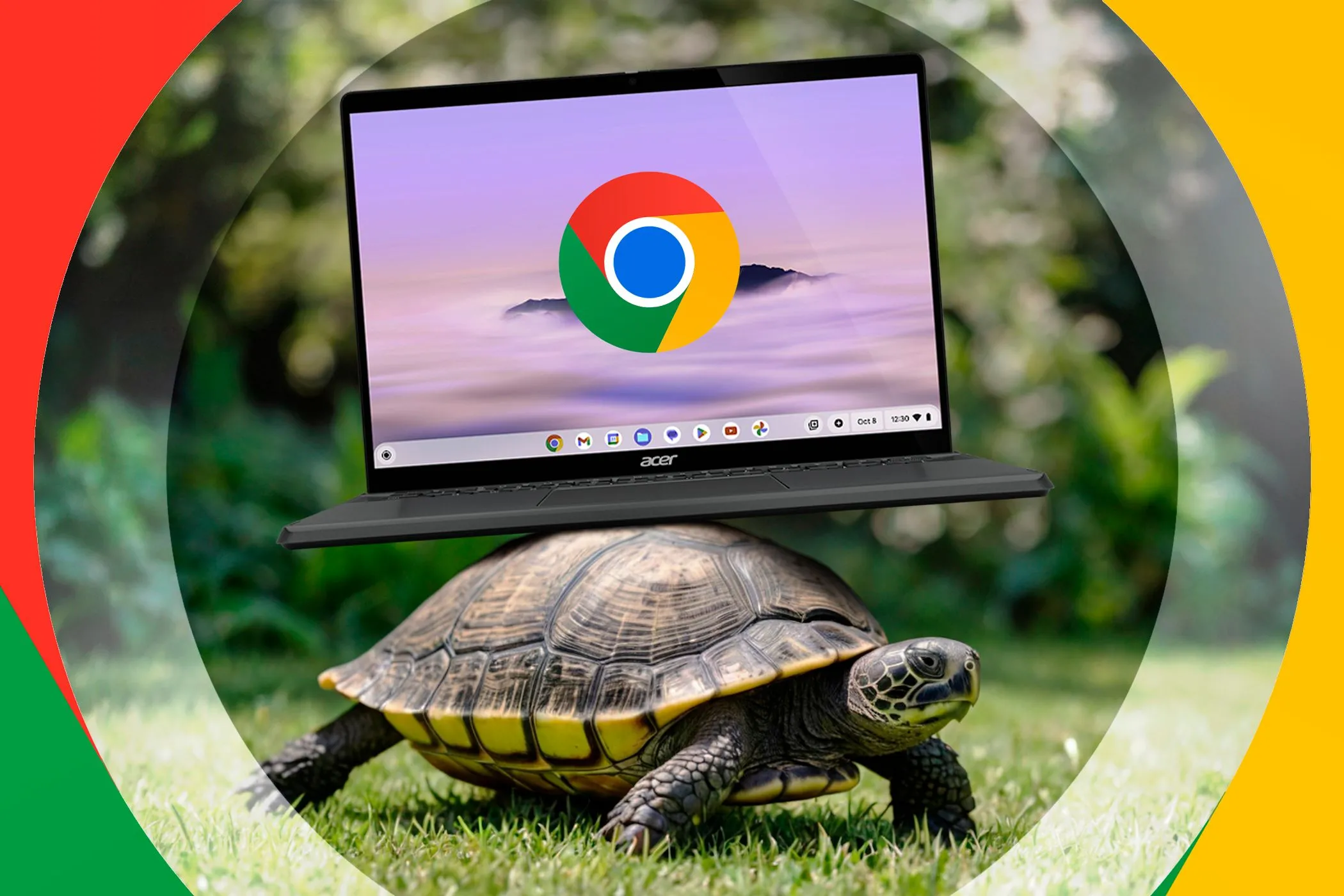 Hình ảnh một chú rùa đang cõng chiếc Chromebook trên lưng, tượng trưng cho hiệu năng hạn chế của Chromebook khi xử lý tác vụ nặng.