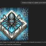Hình ảnh một con nhện bao quanh bởi bộ vi xử lý được tạo ra bởi ChatGPT, minh họa khả năng tạo ảnh AI.