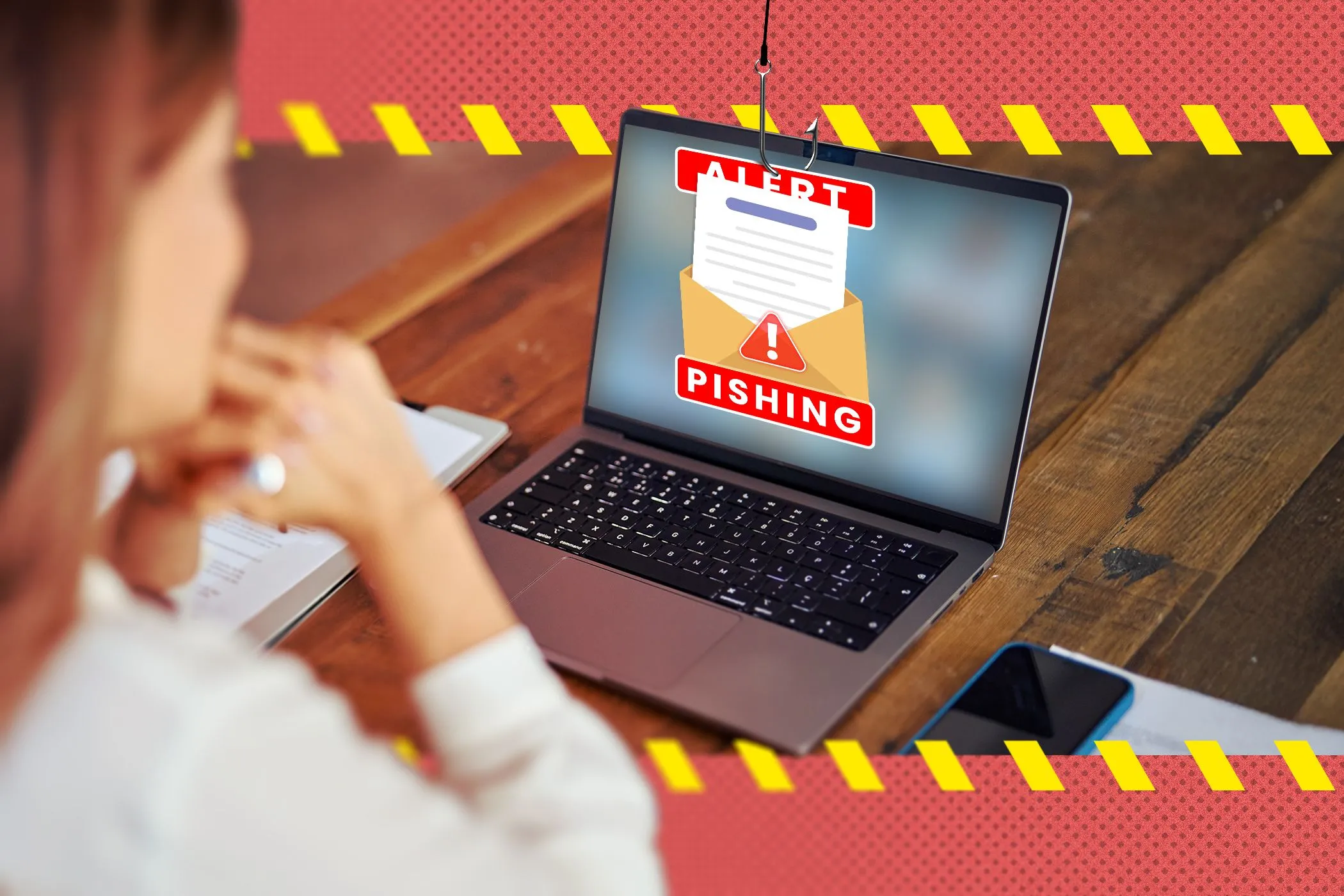 Hình ảnh một người phụ nữ đang sử dụng máy tính xách tay với màn hình hiển thị email lừa đảo (phishing), thể hiện nguy cơ từ các cuộc tấn công lừa đảo nâng cấp bằng AI.
