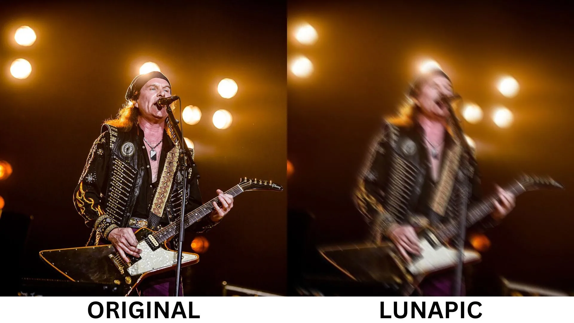 Hình ảnh nghệ sĩ guitar trên sân khấu với hiệu ứng motion blur toàn ảnh được áp dụng bằng LunaPic, tạo cảm giác chuyển động và năng lượng mạnh mẽ