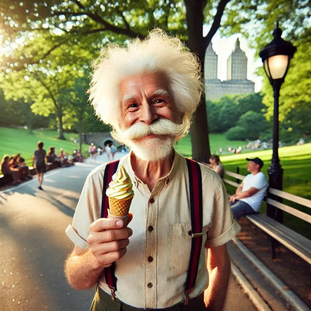 Hình ảnh người đàn ông giống Einstein ăn kem tại Central Park, được tạo ra từ DALL-E 3