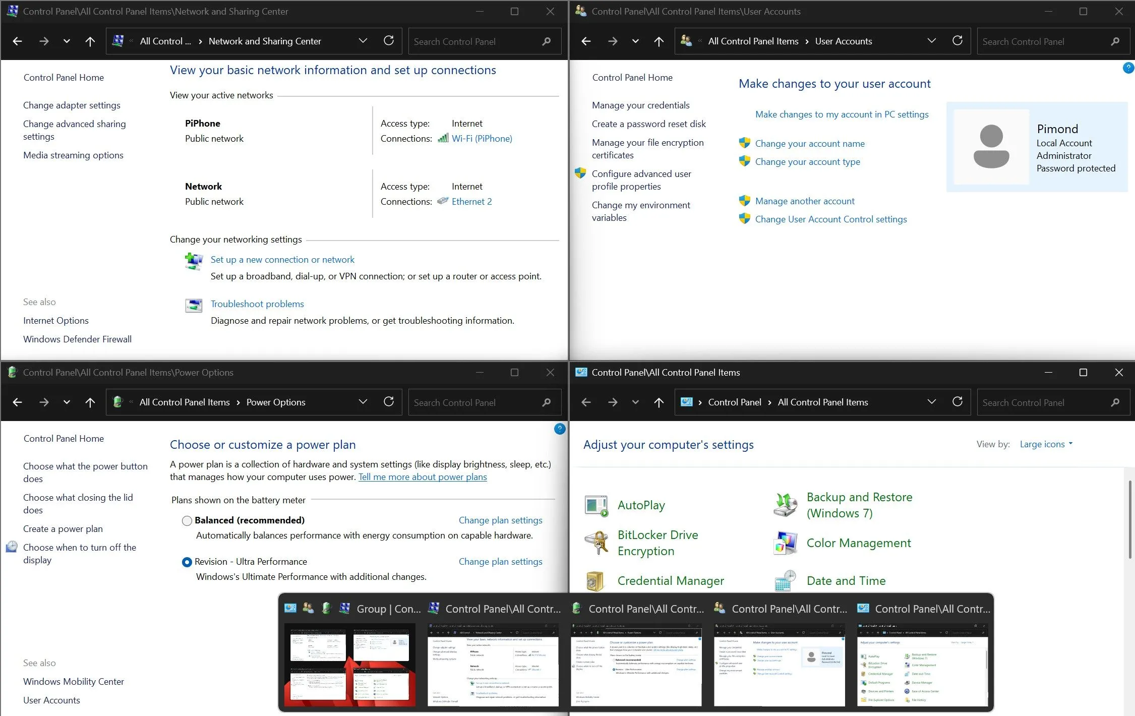 Hình ảnh nhiều cửa sổ Control Panel được mở đồng thời trên Windows 11, đối lập với Settings.