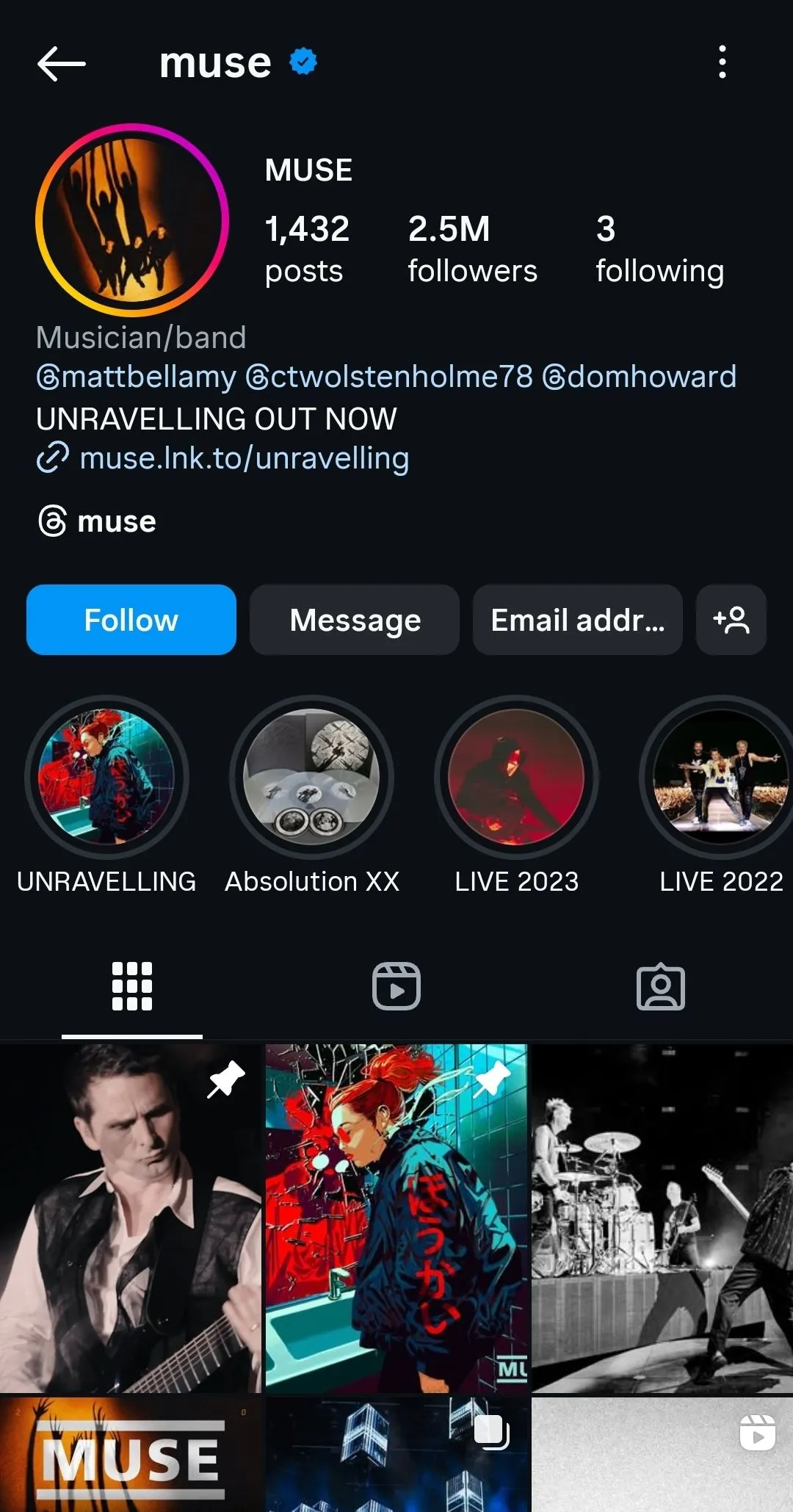 Hồ sơ Instagram của ban nhạc rock Muse, thể hiện hoạt động truyền thông xã hội tích cực của một nghệ sĩ.