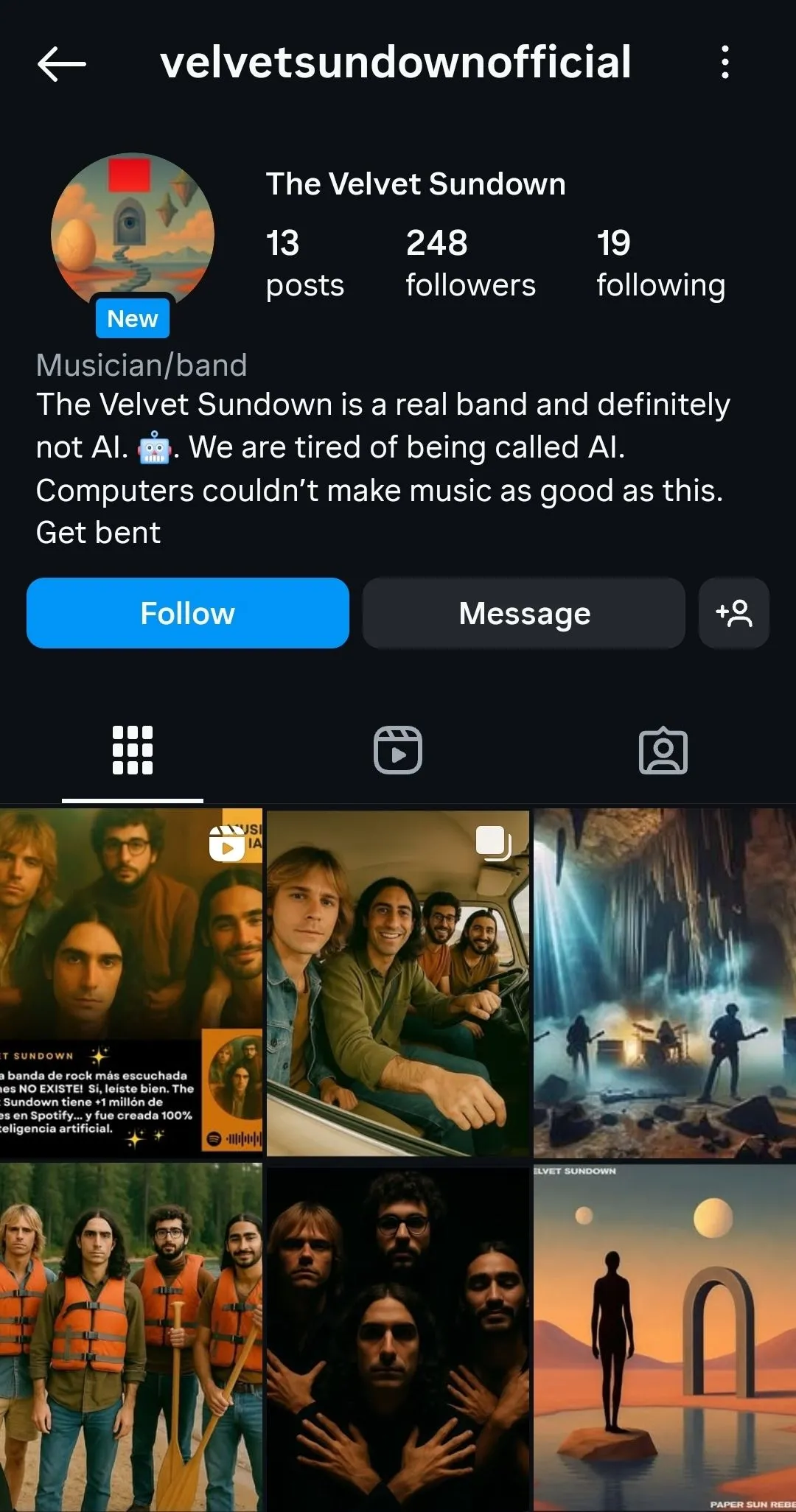 Hồ sơ Instagram của The Velvet Sundown, ban nhạc AI từng gây sốt trên Spotify, với ít thông tin cá nhân.