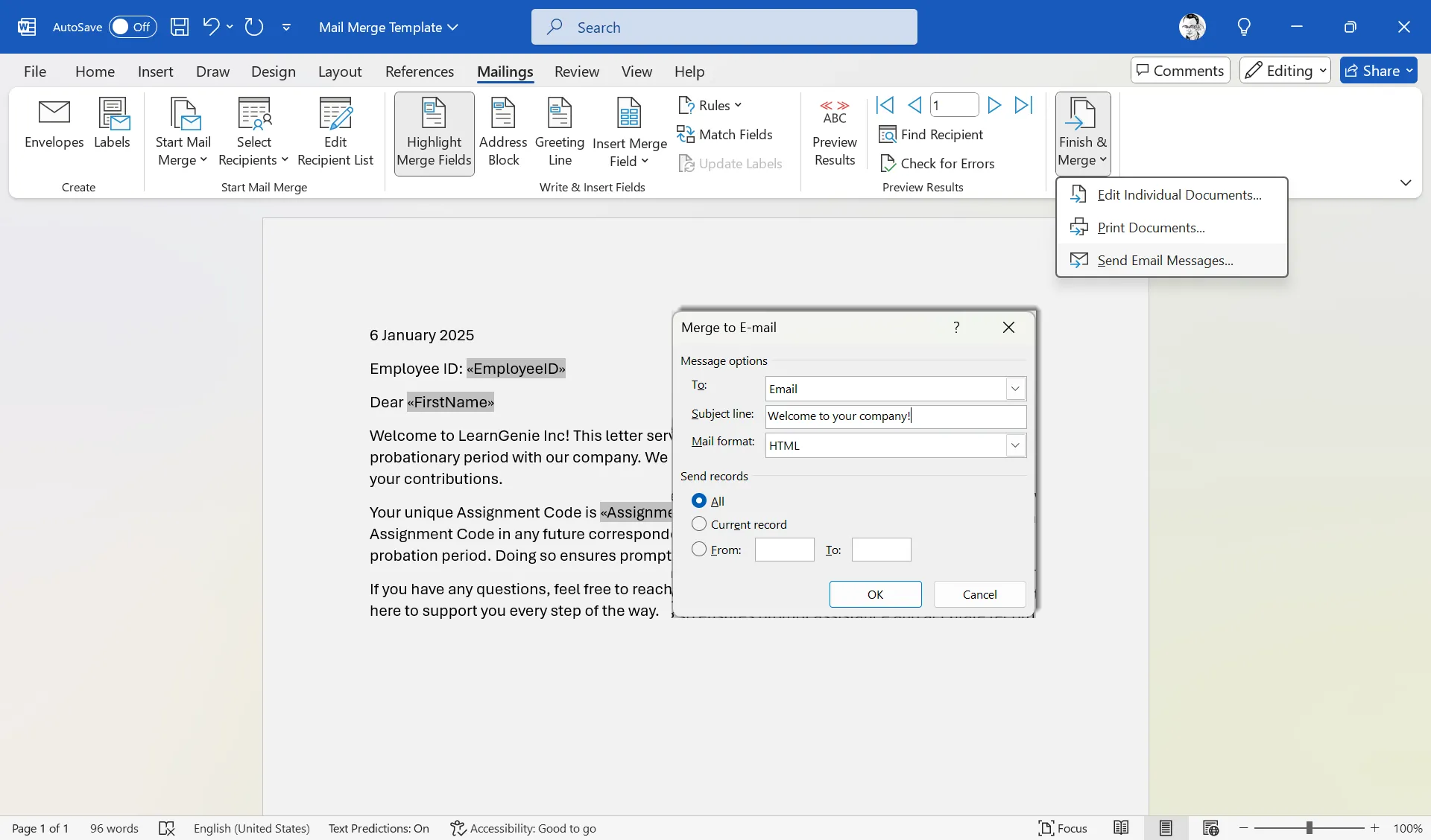 Hoàn tất quá trình trộn thư và gửi email Mail Merge thông qua Outlook