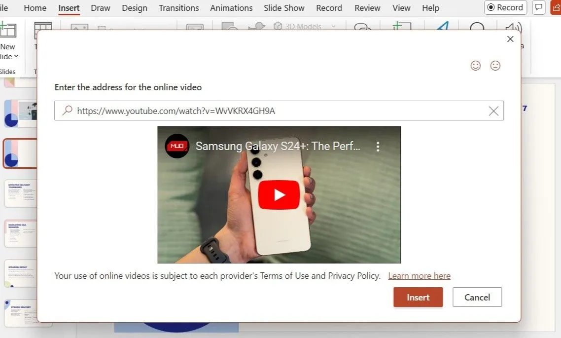 Hộp thoại Chèn Video Trực Tuyến trong PowerPoint hiển thị cách dán URL video YouTube để nhúng.