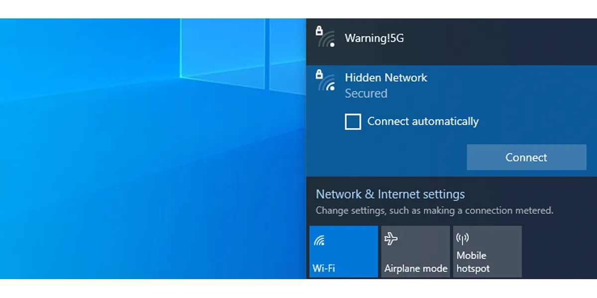 Hộp thoại kết nối Wi-Fi trên Windows với tùy chọn 'Connect automatically' được bỏ chọn để ngăn kết nối tự động.