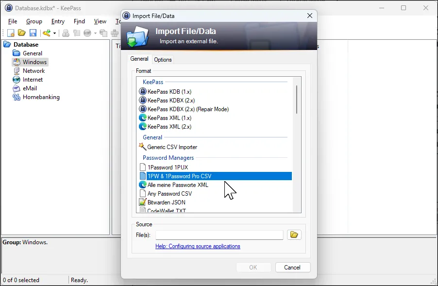 Hộp thoại nhập dữ liệu tệp trong KeePass hỗ trợ nhập từ 1Password và các định dạng khác