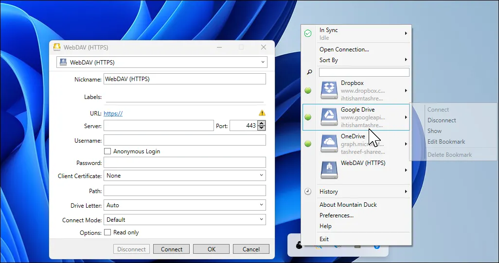 Hộp thoại &quot;Open Connection&quot; của Mountain Duck trên Windows 11, cho phép người dùng cấu hình kết nối đám mây và tích hợp Cryptomator.