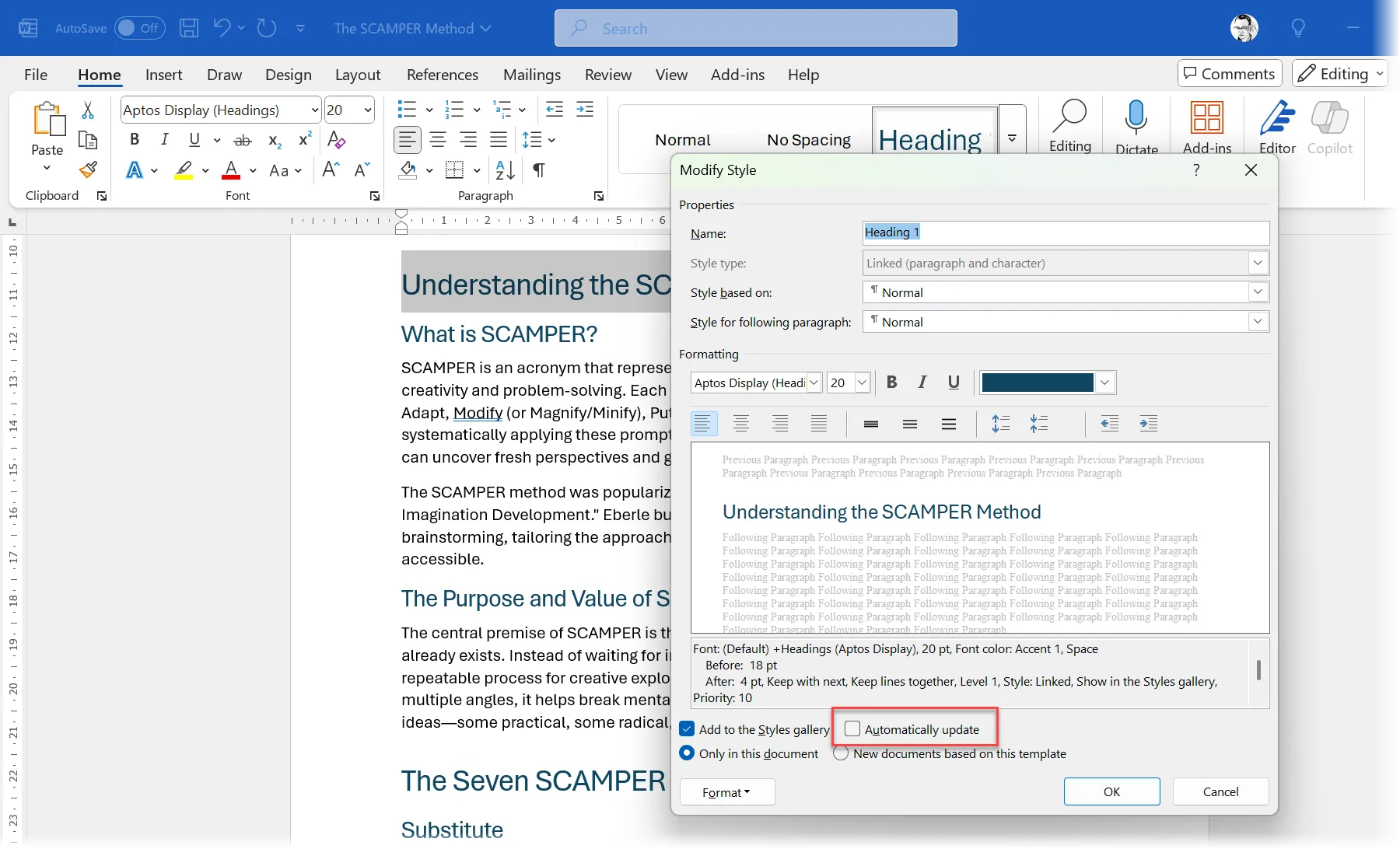 Hộp thoại Sửa đổi kiểu trong Word với tùy chọn &quot;Automatically update&quot; (Tự động cập nhật) cần được bỏ chọn để tránh thay đổi định dạng không mong muốn.