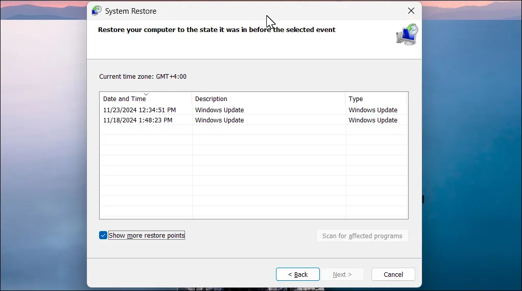 Hộp thoại System Restore trên Windows 11 hiển thị các điểm khôi phục hệ thống khả dụng