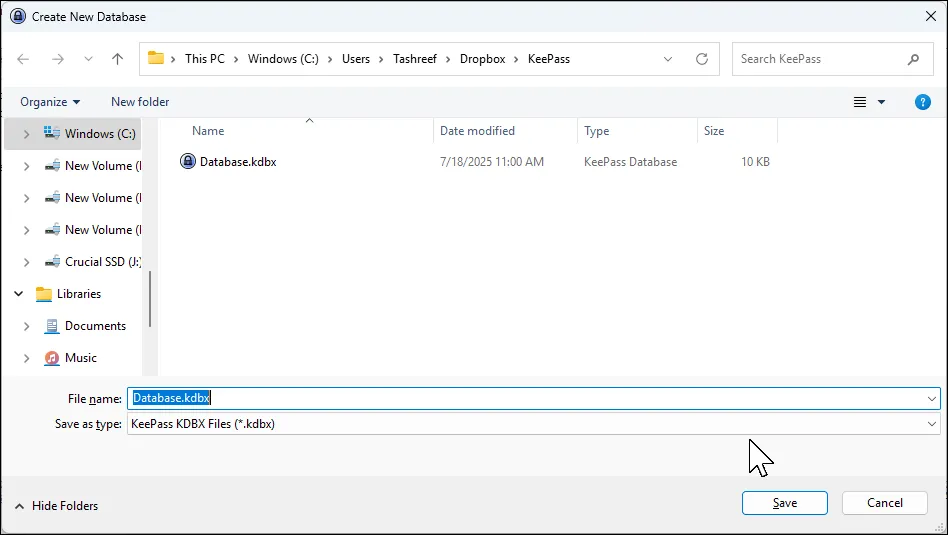 Hộp thoại tạo cơ sở dữ liệu mới trong KeePass và tùy chọn lưu trữ liên kết với Dropbox
