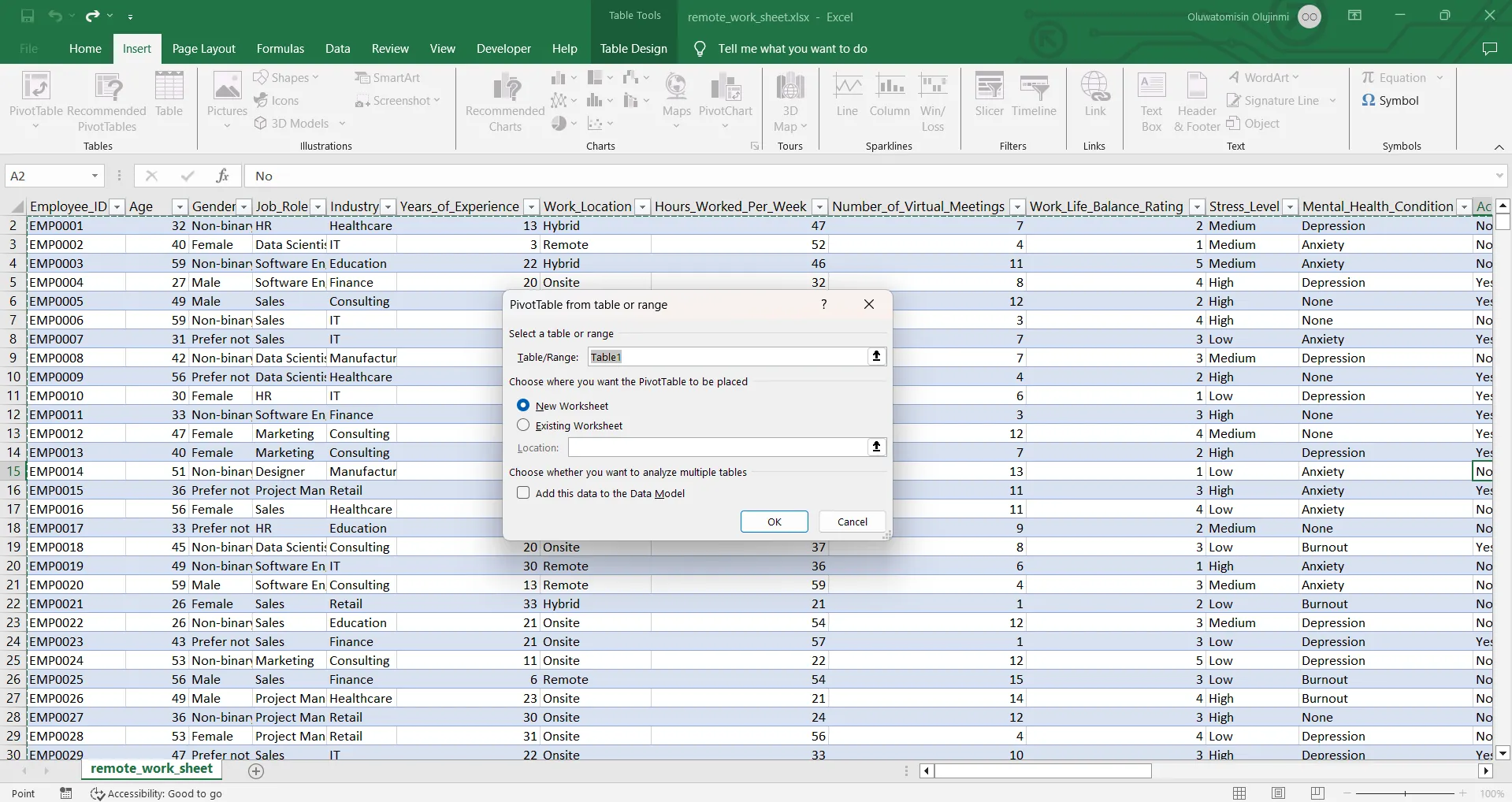 Hộp thoại tạo Pivot Table trong Excel, minh họa công cụ phân tích dữ liệu mạnh mẽ của Excel