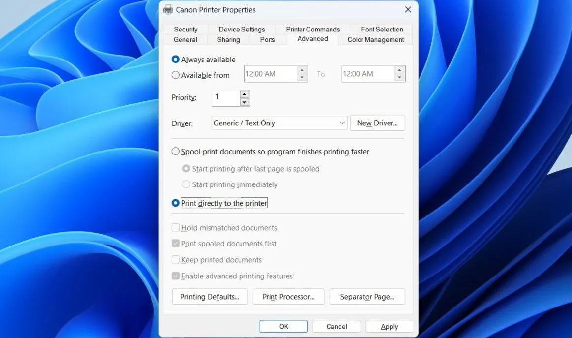 Hộp thoại thuộc tính máy in trong Windows, bật tùy chọn in trực tiếp.