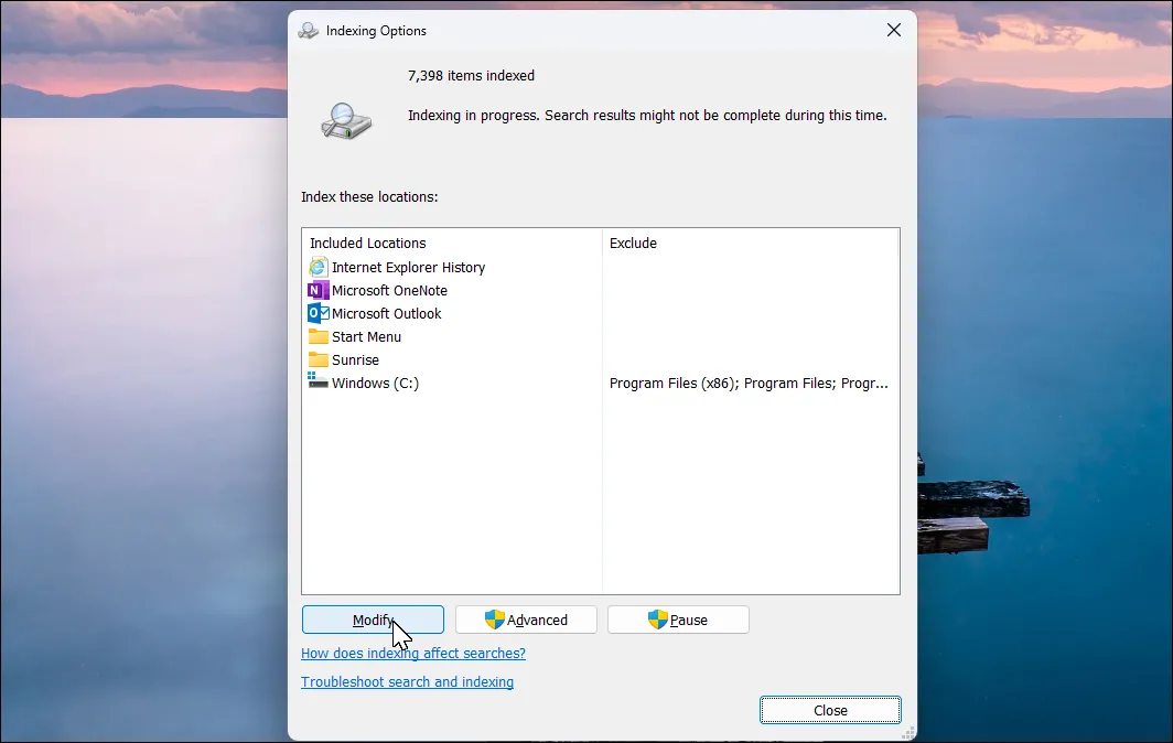 Hộp thoại Tùy chọn lập chỉ mục (Indexing Options) trên Windows 11, cho phép cấu hình các vị trí cần lập chỉ mục để tối ưu tìm kiếm file.
