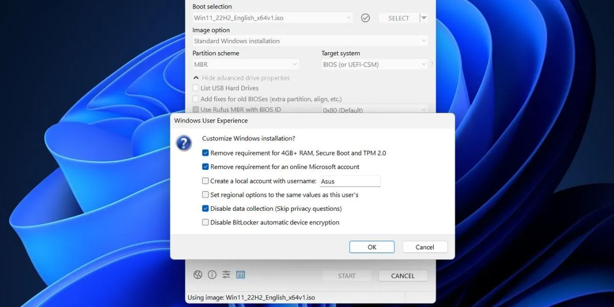Hộp thoại Windows User Experience trong Rufus, cho phép tùy chỉnh quá trình cài đặt Windows 11 bằng cách bỏ qua yêu cầu về RAM, TPM 2.0, Secure Boot, tài khoản Microsoft và tắt thu thập dữ liệu.