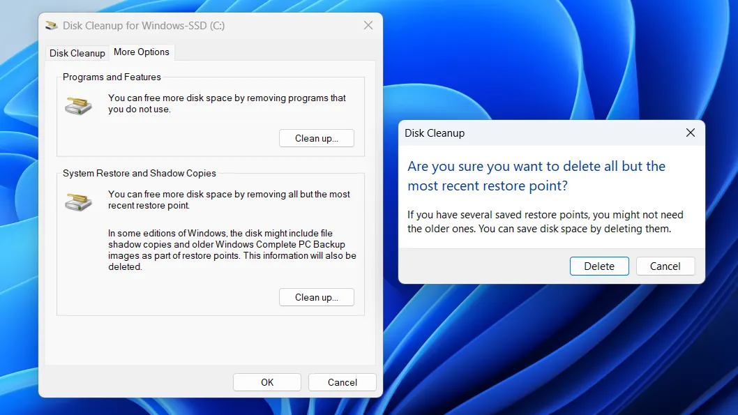 Hộp thoại xác nhận xóa các điểm khôi phục hệ thống cũ trong công cụ Disk Cleanup của Windows