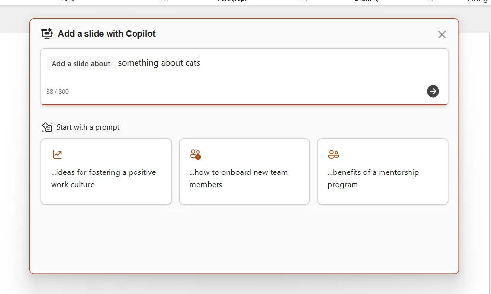 Hộp thoại yêu cầu Copilot tạo slide trong PowerPoint, nơi người dùng nhập mô tả nội dung mong muốn.
