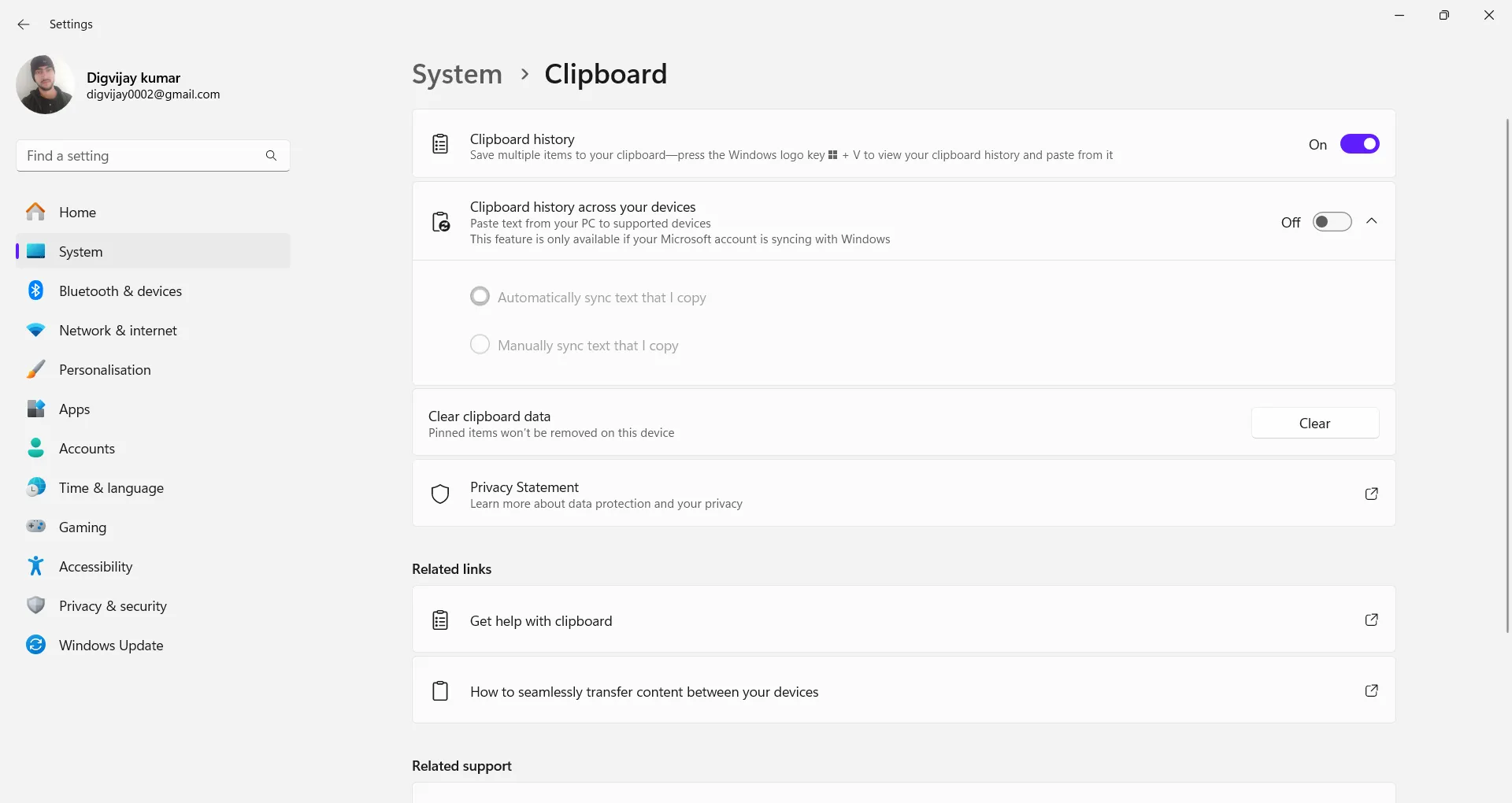Hướng dẫn bật tính năng lịch sử Clipboard trong Cài đặt hệ thống Windows