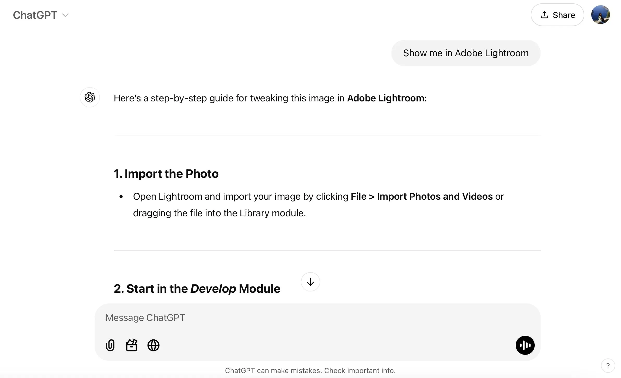 Hướng dẫn chỉnh sửa ảnh chi tiết trong Lightroom từ ChatGPT