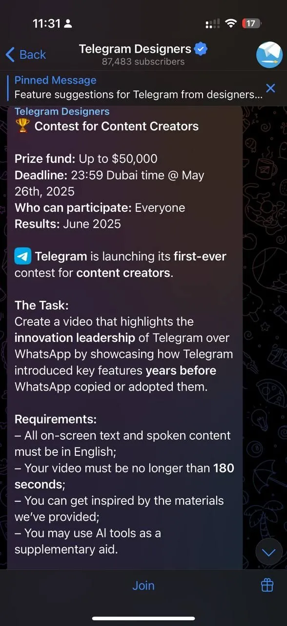 Hướng dẫn cuộc thi "Telegram đi trước WhatsApp nhiều năm" trên kênh Telegram chính thức